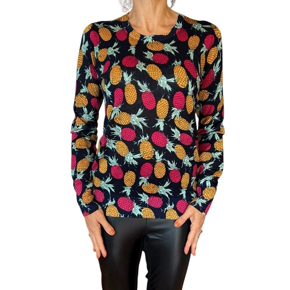 EQUIPMENT FEMME SMALL NAVY BLUE PINEAPPLE SILK SWEATER CREW NECK JUMPER PULLOVER